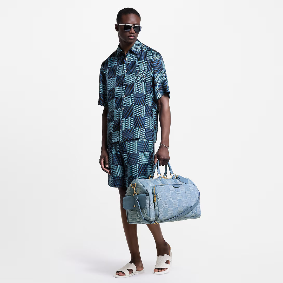 Damier Short-Sleeved Silk Shirt